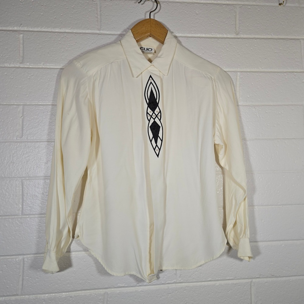 Vtg Sequin Pearl Embellished Blouse Top Ivory Black Contrast NYE Button Down M/L
